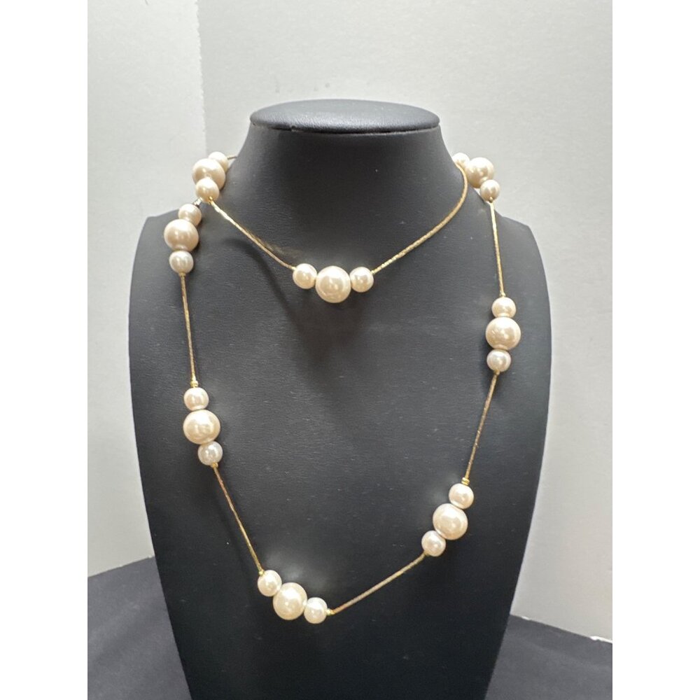 Gold-Tone Faux Pearl Station Necklace 28 Inches Long Elegant Jewelry For Women